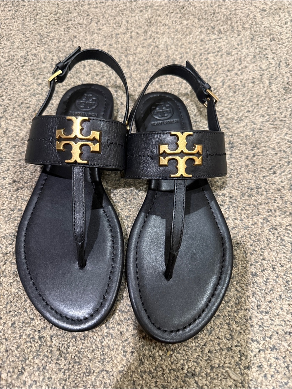 Tory Burch Black Leather Slingback Sandals with Gold Logo